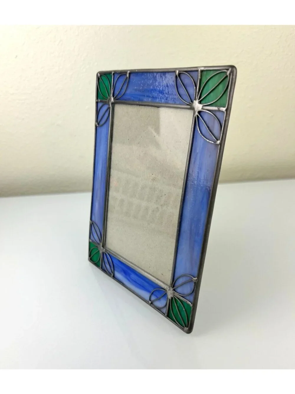 Vintage Stained Glass & Metal Picture Frame Blue Green Silver Home Decor